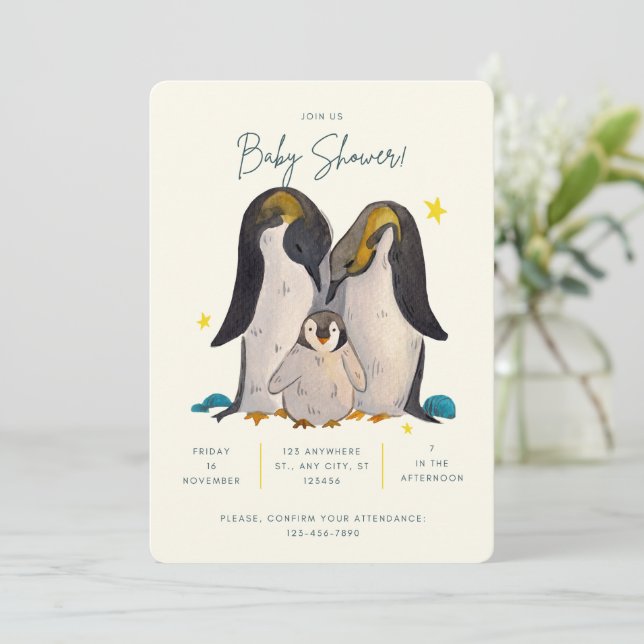 Invitación a Baby Shower de Cute Pinguin Watercolo (Anverso de pie)