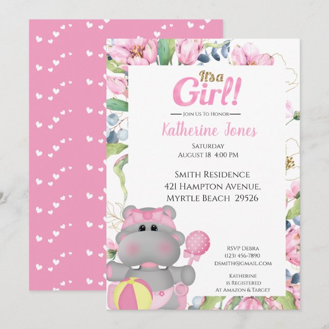 Invitación a Baby Shower de Cute Pink Floral Hippo (Anverso / Reverso)
