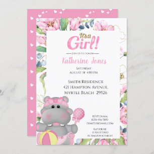 Invitación a Baby Shower de Cute Pink Floral Hippo