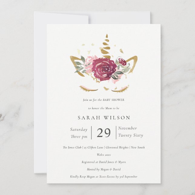 Invitación a Baby Shower de Cute Pink Gold Floral  (Anverso)