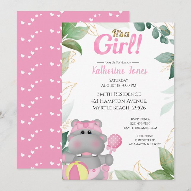 Invitación a Baby Shower de Cute Pink Gold Hippo (Anverso / Reverso)