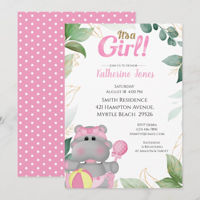 Invitación a Baby Shower de Cute Pink Gold Hippo (Anverso / Reverso)