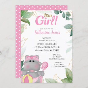 Invitación a Baby Shower de Cute Pink Gold Hippo