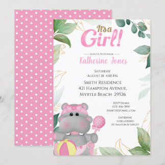 Invitación a Baby Shower de Cute Pink Gold Hippo