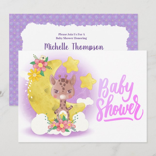 Invitación a Baby Shower de Cute Purple Giraffe (Anverso / Reverso)