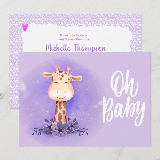 Invitación a Baby Shower de Cute Purple Giraffe (Anverso / Reverso)