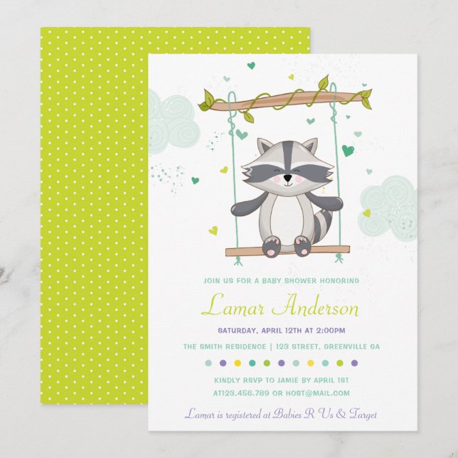 Invitación a Baby Shower de Cute Raccoon (Anverso / Reverso)