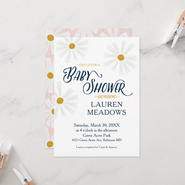 Invitación a Baby Shower de Cute Scandi Daisy (Anverso/Reverso In Situ)
