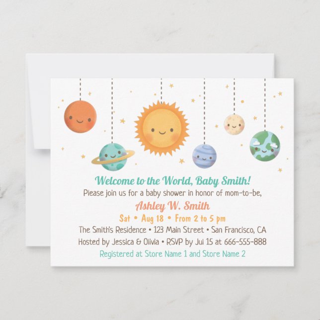 Invitación a Baby Shower de Cute Sun y Planets (Anverso)