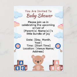 Invitación a Baby Shower de Cute Teddy Bear