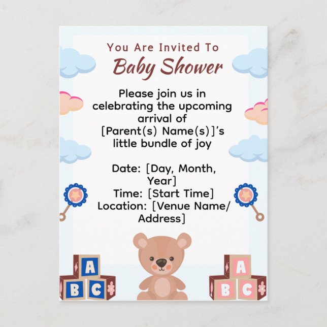 Invitación a Baby Shower de Cute Teddy Bear (Anverso)