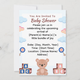 Invitación a Baby Shower de Cute Teddy Bear