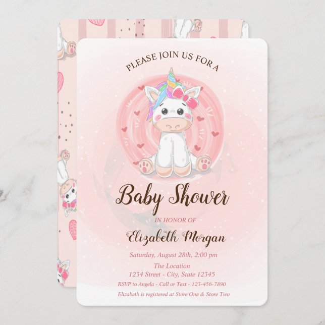 Invitación a Baby Shower de Cute Unicorn (Anverso / Reverso)