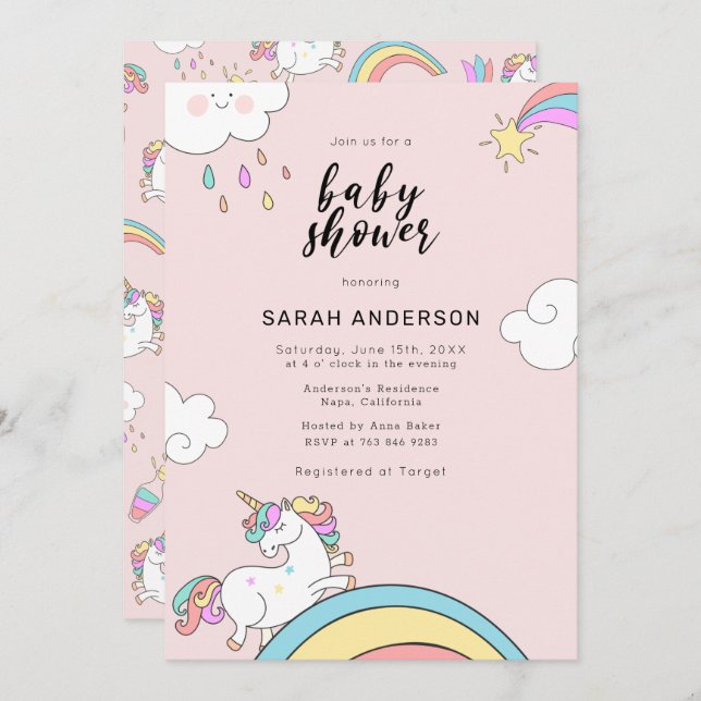 Invitación a Baby Shower de Cute Unicorn Doodle (Anverso / Reverso)