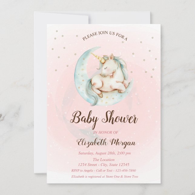 Invitación a Baby Shower de Cute Unicorn Moon Star (Anverso)