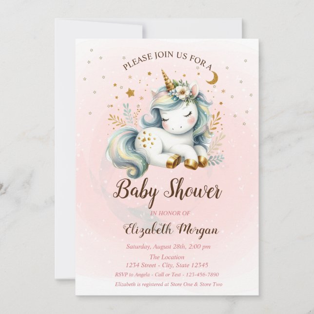 Invitación a Baby Shower de Cute Unicorn Stars Moo (Anverso)