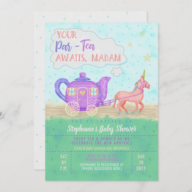 Invitación a Baby Shower de Cute Unicorn Tea Fiest (Anverso / Reverso)