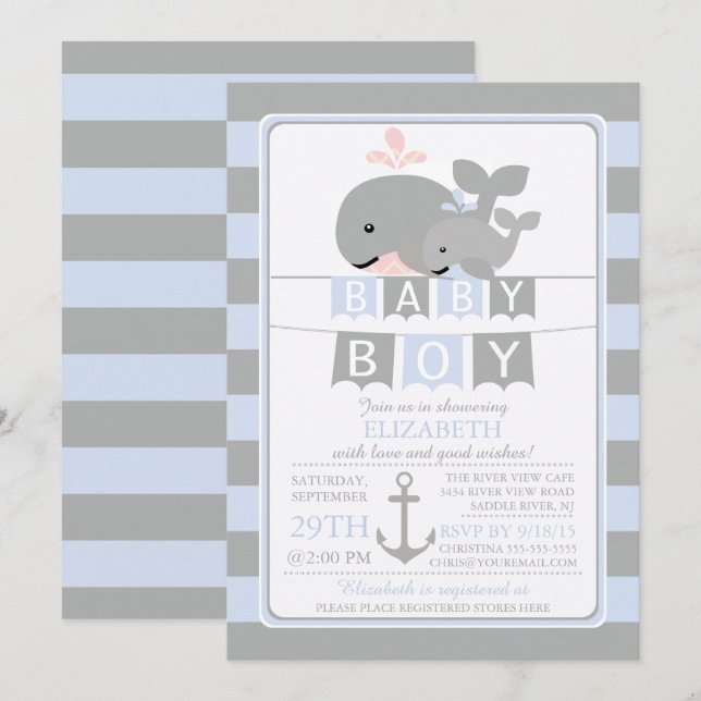 Invitación a Baby Shower de Cute Whale Boy (Anverso / Reverso)