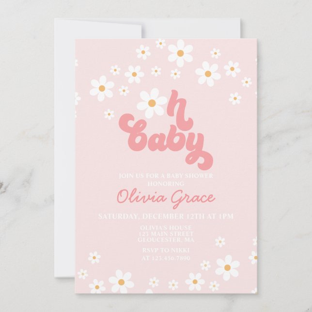 Invitación a Baby Shower de Daisy Pink Retro Groov (Anverso)