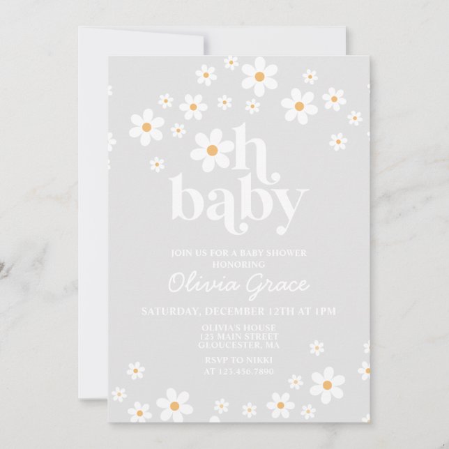 Invitación a Baby Shower de Daisy Retro Gray Flora (Anverso)