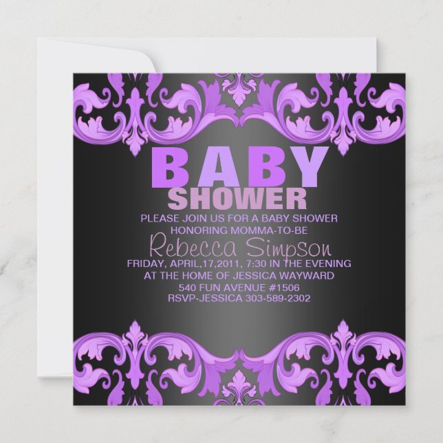 Invitación a Baby Shower de Damasco morado y negro (Anverso)