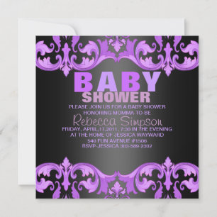 Invitación a Baby Shower de Damasco morado y negro