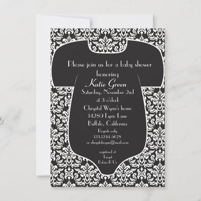 Invitación a Baby Shower de Damasco - Negro (Anverso)