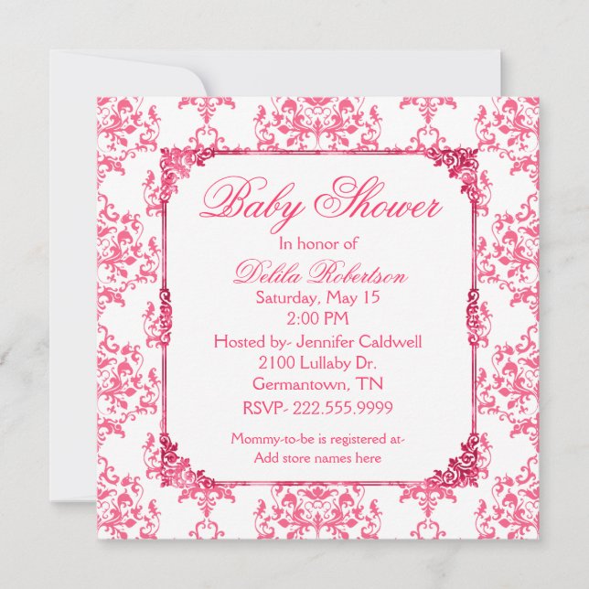 Invitación a Baby Shower de Damasco Rosa de Bonito (Anverso)