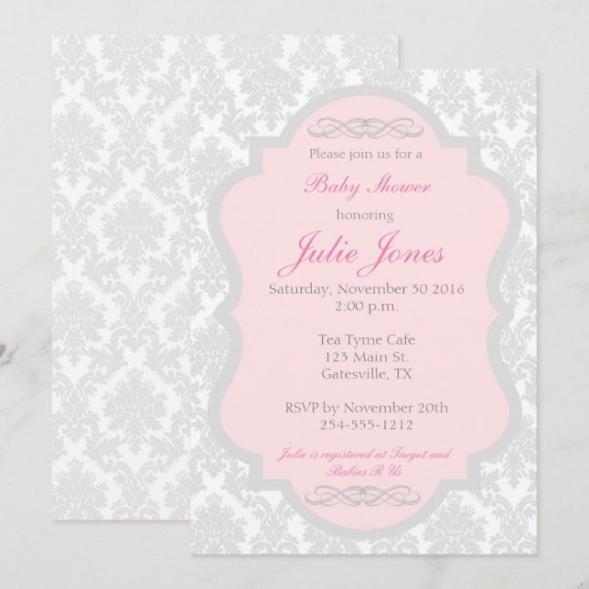 Invitación a Baby Shower de Damasco rosa y gris (Anverso / Reverso)