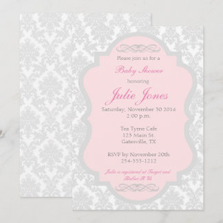 Invitación a Baby Shower de Damasco rosa y gris