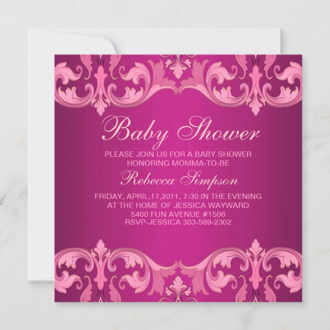 Invitación a Baby Shower de Damasco Rosado (Anverso)