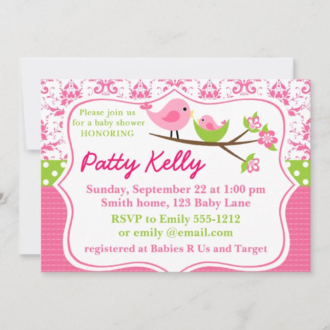 Invitación a Baby Shower de Damasco Rosado con bir (Anverso)