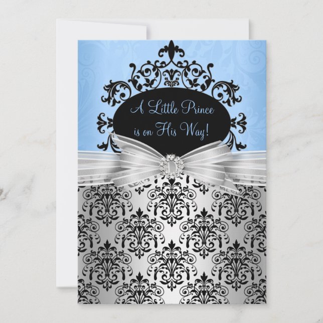 Invitación a Baby Shower de Damask azul y negro (Anverso)