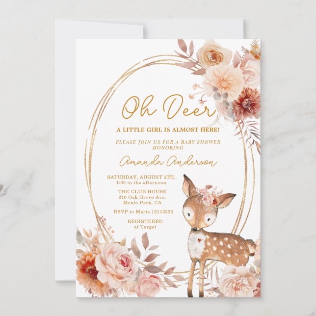 Invitación a Baby Shower de Deer Beige Floral (Anverso)