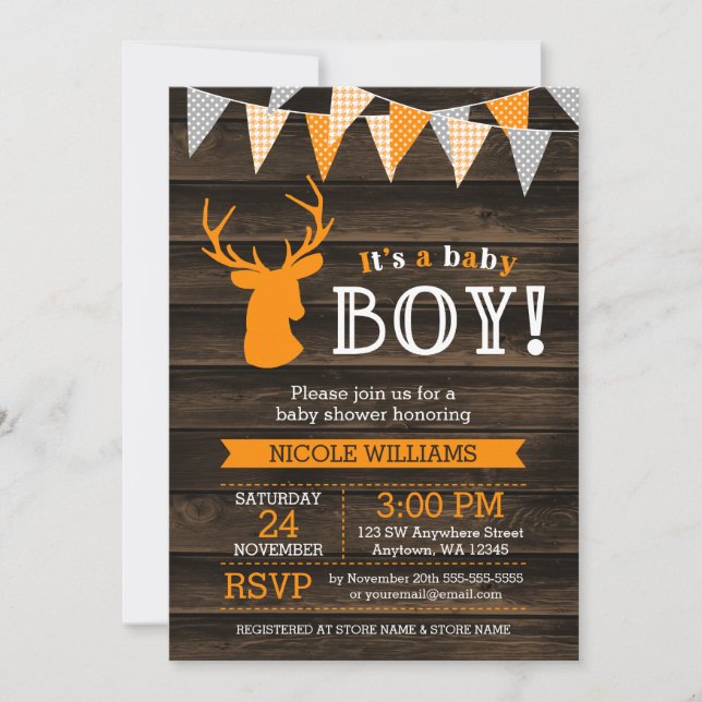 Invitación a Baby Shower de Deer Boy Naranja de Ma (Anverso)