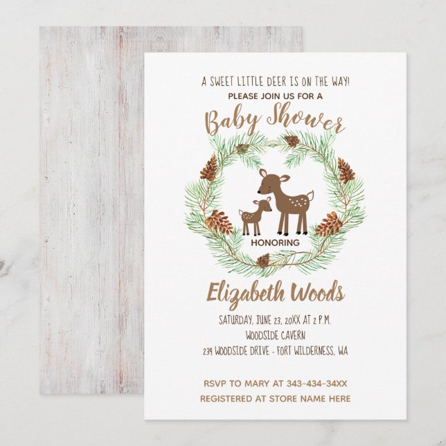 Invitación a Baby Shower de Deer Woodland Pine For (Anverso / Reverso)
