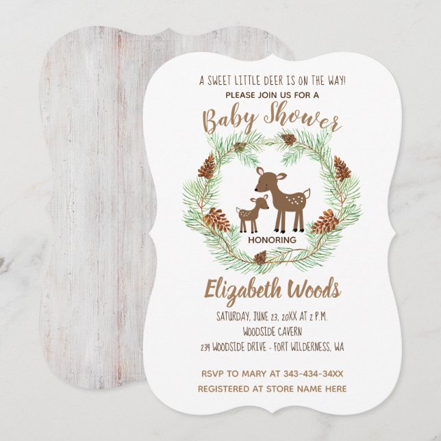 Invitación a Baby Shower de Deer Woodland Pine For (Anverso / Reverso)