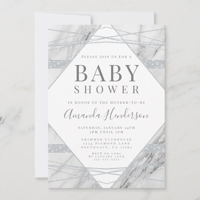 Invitación a Baby Shower de diamantes y mármol (Anverso)