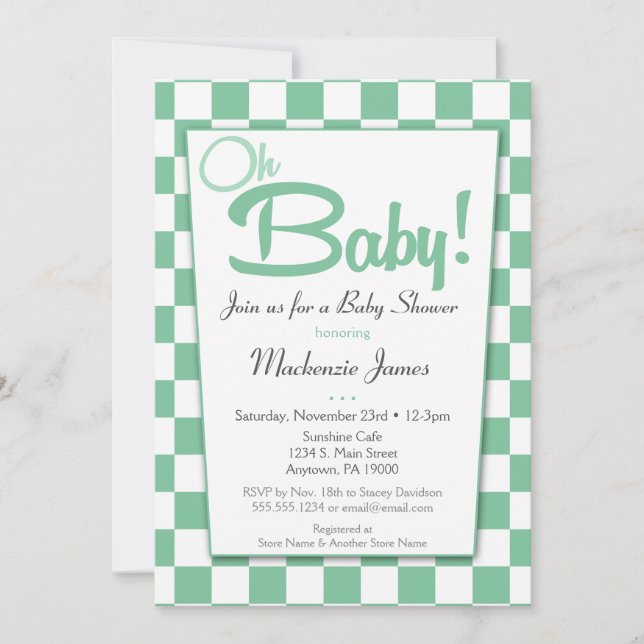 Invitación a Baby Shower de Diner de Retro Verde M (Anverso)