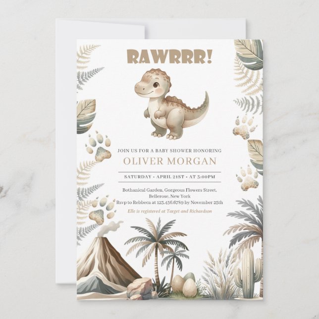 Invitación a Baby Shower de Dino neutral en cuanto (Anverso)