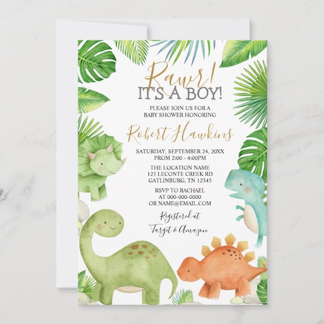 Invitación a Baby Shower de Dinosaur Oh Boy (Anverso)