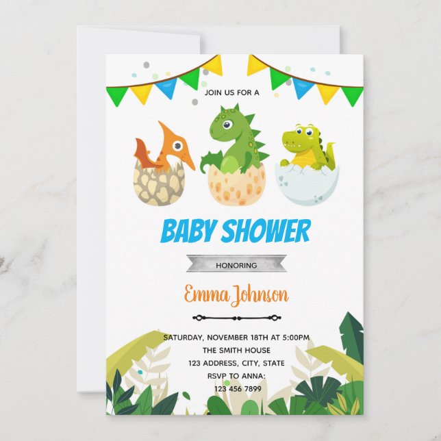 invitación a baby shower de dinosaurio (Anverso)