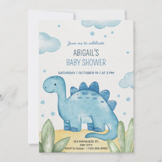 Invitación a Baby Shower de Dinosaurio Azul para N