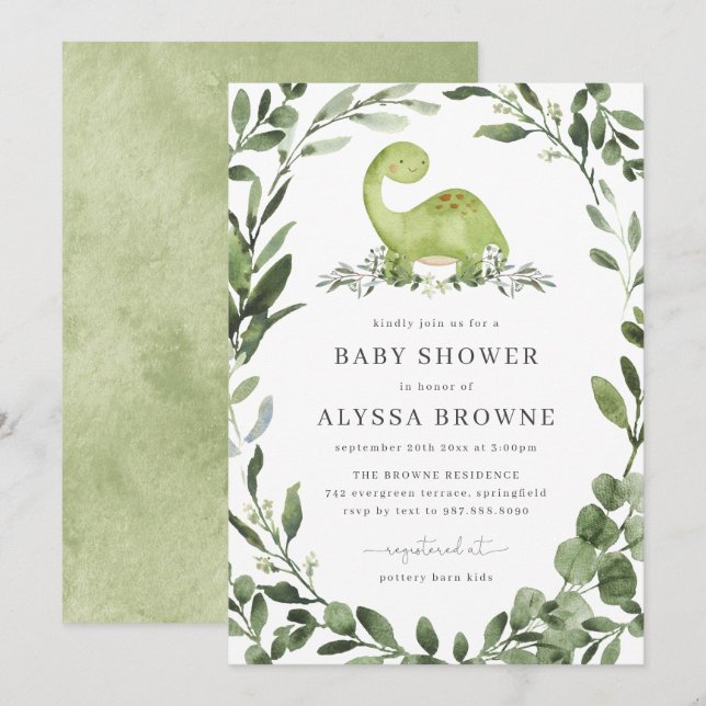 Invitación a Baby Shower de dinosaurios (Anverso / Reverso)