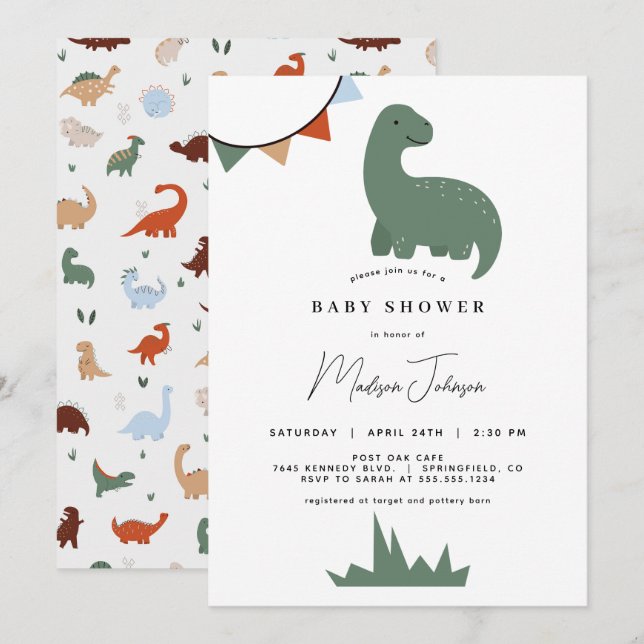 Invitación a Baby Shower de dinosaurios (Anverso / Reverso)