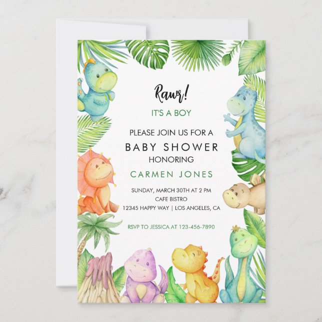 Invitación a Baby Shower de dinosaurios (Anverso)