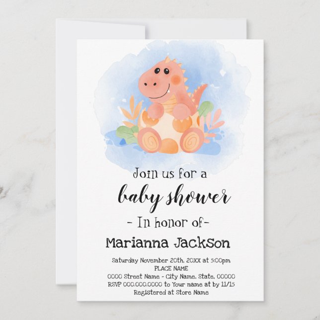 Invitación a Baby Shower de dinosaurios (Anverso)