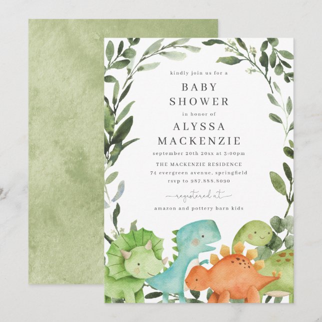 Invitación a Baby Shower de dinosaurios (Anverso / Reverso)