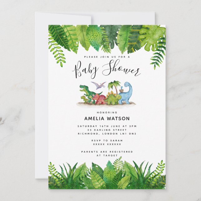 Invitación a Baby Shower de dinosaurios (Anverso)