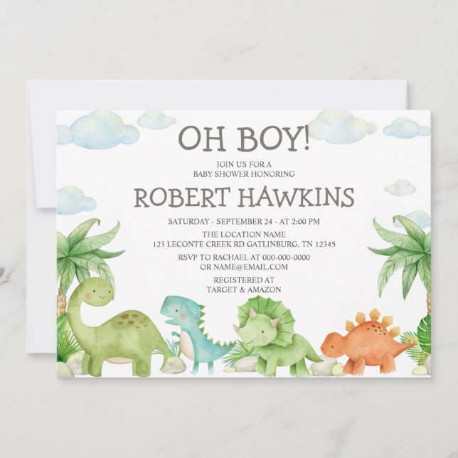 Invitación a Baby Shower de dinosaurios (Anverso)